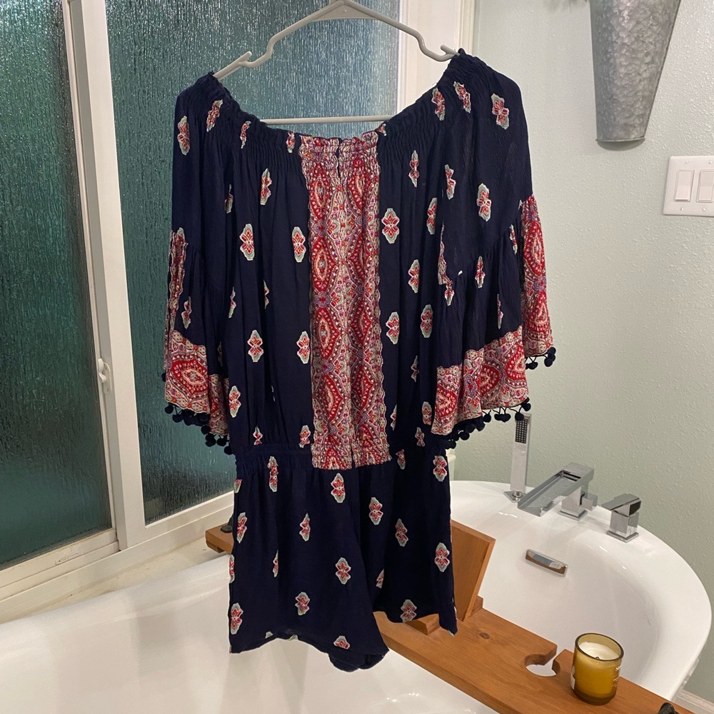 Lilka / Anthropologie / Off the Shoulder Romper / Boho / PomPom Sleeves /Paisley - Picture 2 of 6